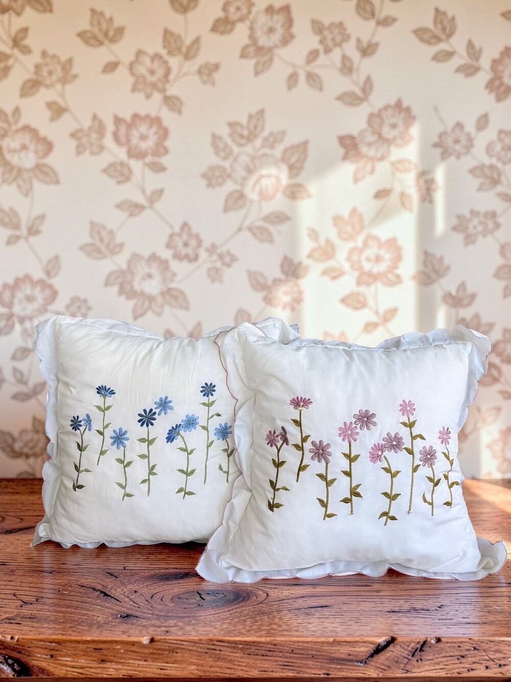 Set of 2 Embroidered Floral Throw Pillows 18x18 White Ruffle Cottagecore